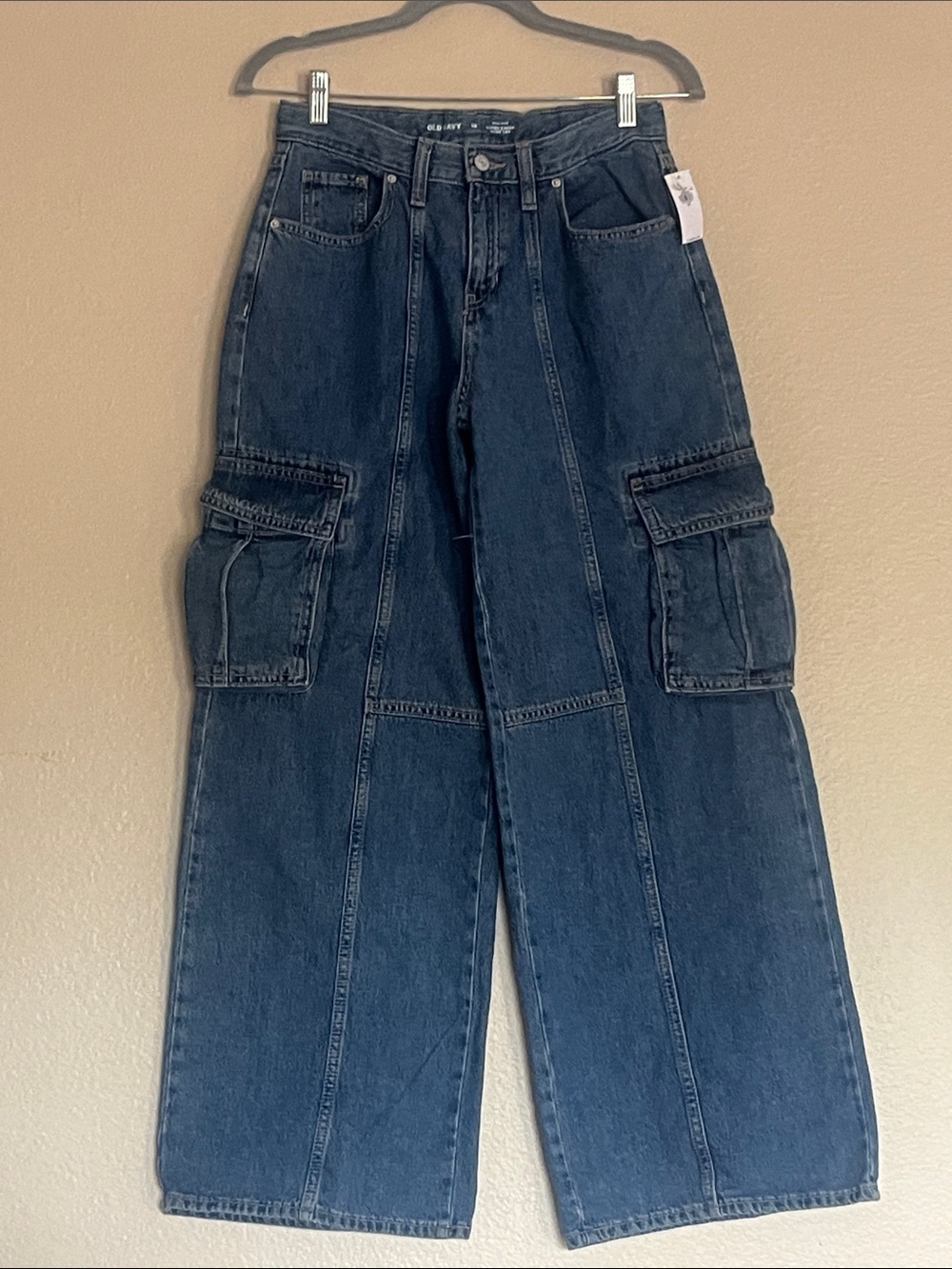 Old Navy High Rise Super Baggy Wide Leg Cargo Blue Denim Jeans Girls Size 16 - Picture 3 of 10